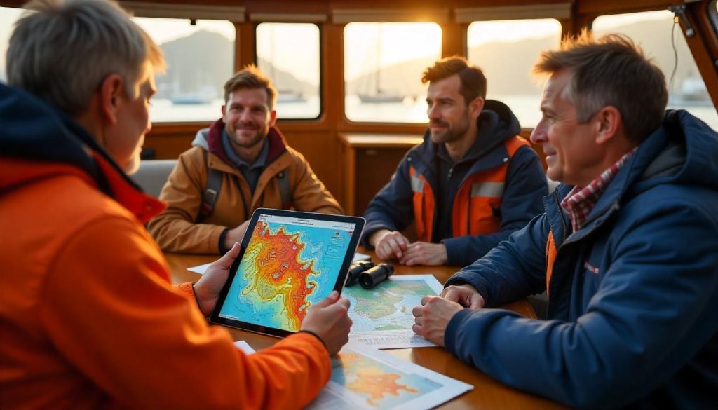 sailors reviewing climate data on a tablet related to boating and sea level rise